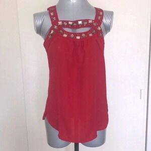 3/$15 Red Burgundy sleeveless business casual office gemstone collar top small